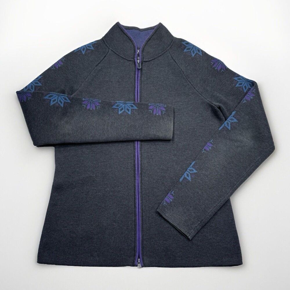Eddie Bauer Sport Cardigan Sweater Womens S Gray Purple Blue Snowflake Full Zip